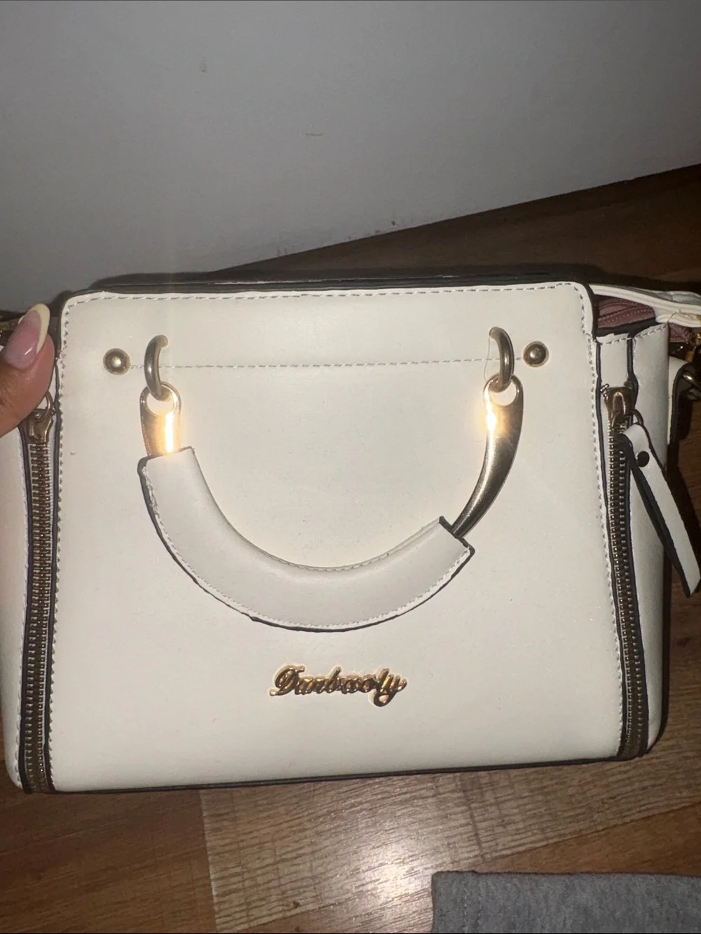 White Structured Top-Handle Women’s Bag with Gold Accents
